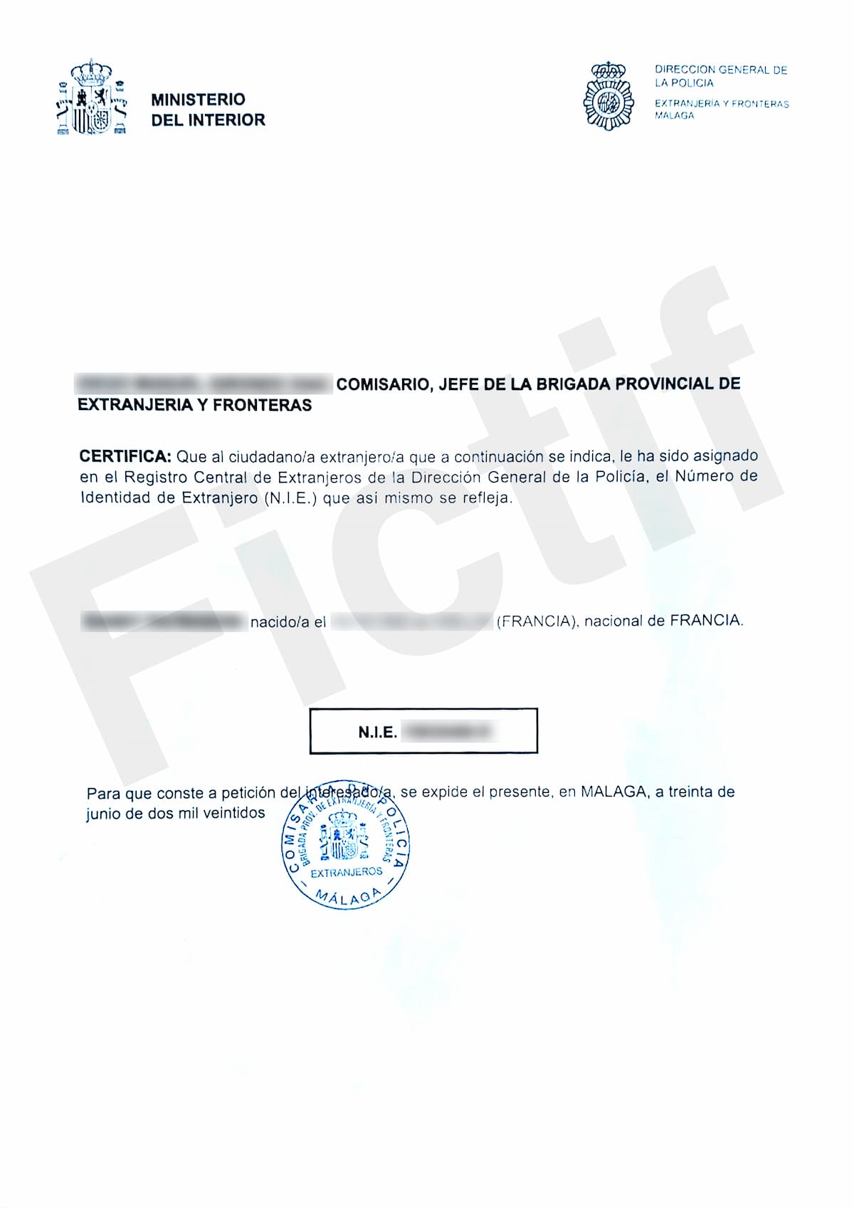 NIE-fictif-Olé-Immobilier NIE (fictif)