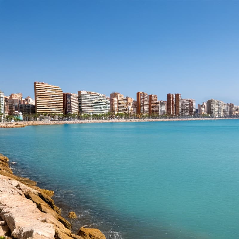 Stunning coastal view in Spain with turquoise waters and beachfront architecture