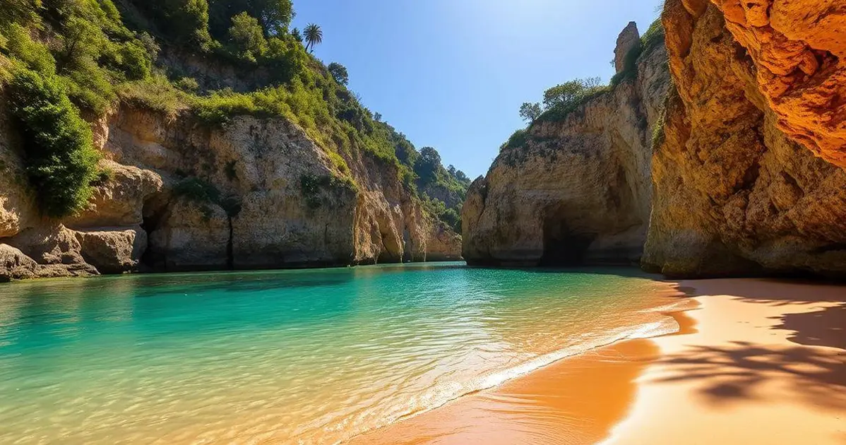 Capital-Gains-Tax-Secret-Beaches-in-Spain Serene Spanish beach with calm water, steep cliffs, and vibrant greenery under clear sky