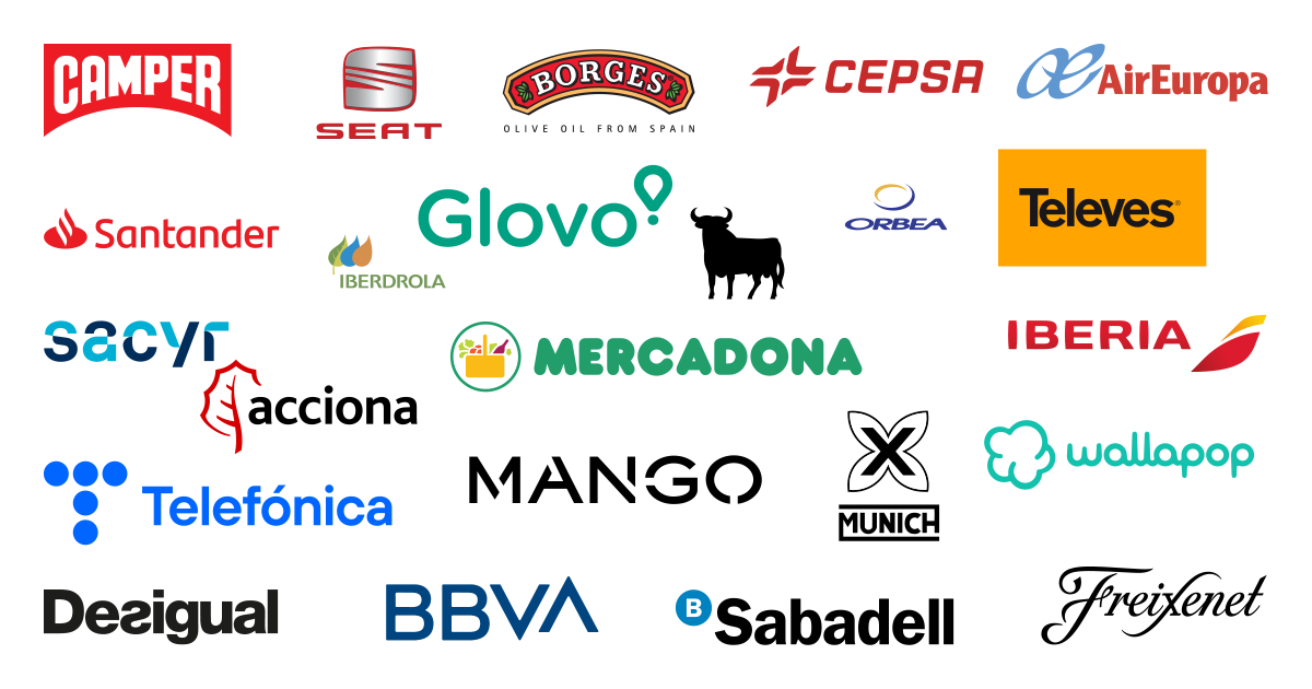 Patchwork of logos from famous Spanish brands such as SEAT, Iberia, Mango, Mercadona and Santander