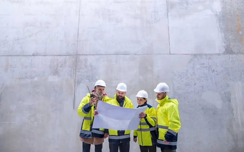 ingenieurs-chantier-construction-espagne Team of engineers and workers wearing helmets and safety vests reviewing plans on a construction site in Spain