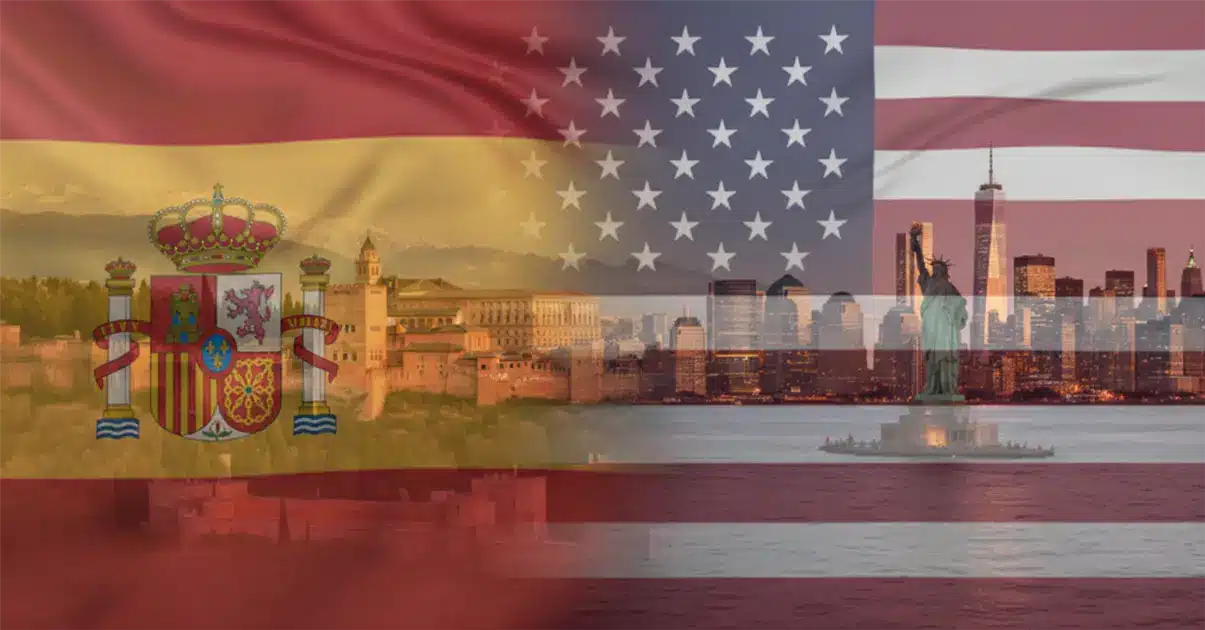 Comparison of real estate in Spain vs USA in 2025, with Spanish and American flags over iconic landmarks of both countries.