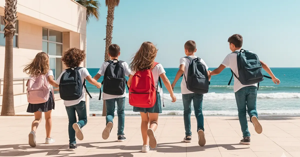 school-holidays-spain-2025 Group of children with backpacks running towards the beach, representing school holidays in Spain in 2025