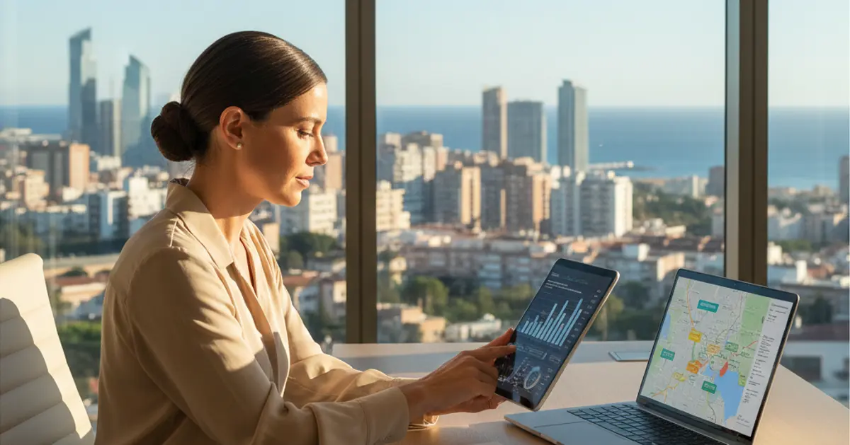 Real estate expert analyzing rental prices on a laptop in Barcelona, illustrating rent control and pricing rules in Spain