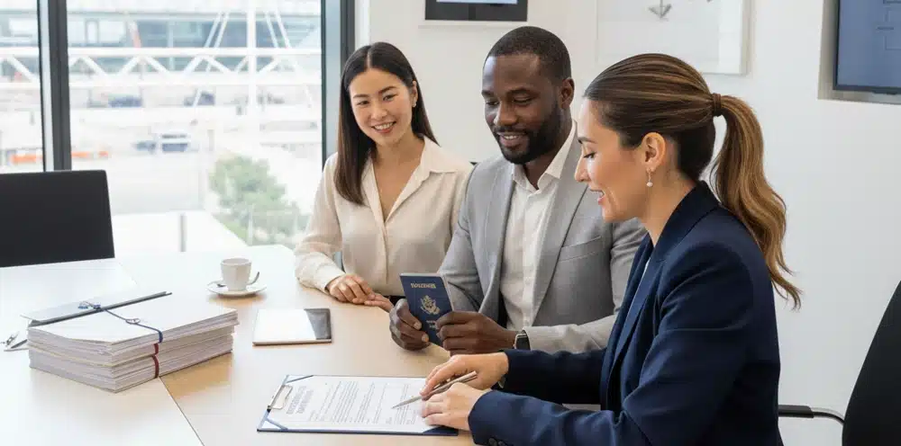 Spanish notary explaining legal documents to foreign property buyers during a real estate transaction in Spain.