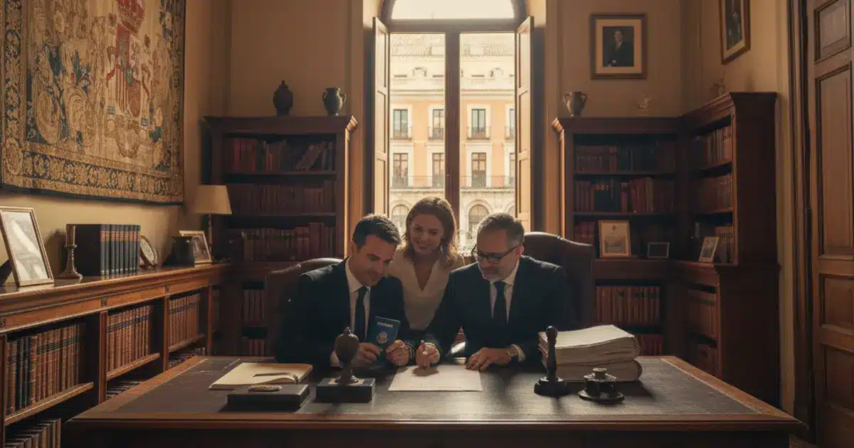 U.S. buyers with a Spanish notary reviewing the property deed during a real estate purchase process in Spain.